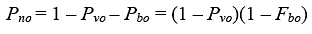 equation 52: P subscript NO equals 1 minus P subscript VO minus P subscript BO equals parenthesis 1 minus P subscript VO end-parenthesis times parenthesis 1 minus F subscript BO end-parenthesis.