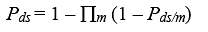 equation 53: P subscript DS equals 1 minus the product over M of parenthesis 1 minus P subscript DS slash M end-parenthesis.