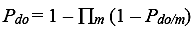 equation 54: P subscript DO equals 1 minus the product over M of parenthesis 1 minus P subscript DO slash M end-parenthesis.