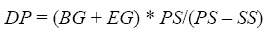 equation 56: DP equals parenthesis BG plus EG end–parenthesis times PS divided by parenthesis PS minus SS end–parenthesis.