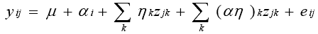 equation 58: Y subscript IJ equals mu plus alpha subscript I plus the summation over K of eta subscript K times Z subscript JK plus the summation over K of parenthesis alpha times eta end-parenthesis subscript K times Z subscript JK plus E subscript IJ.