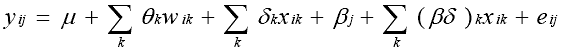equation 59: Y subscript IJ equals mu plus the summation over K of theta subscript K times W subscript IK plus the summation over K of delta subscript K times X subscript IK plus beta subscript J plus the summation over K of parenthesis beta times delta end-parenthesis subscript K times X subscript IK plus E subscript IJ.