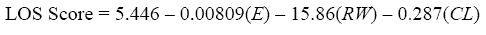 equation 61 (repeated) LOS Score equals 5.446 minus 0.00809 times E minus 15.86 times RW minus 0.287 times CL.