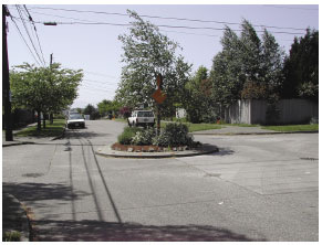 Figure 2. Photo. Lesson 20 Features a Discussion of Traffic Calming Devices, Including Traffic Circles. This photo shows a traffic circle in the middle of an intersection and two cars. One car appears to be driving away from the traffic circle, and the other car appears to be parked on the side of the road pointed toward the traffic circle.