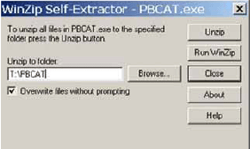 Double-clicking the PBCAT.exe file will open the WinZip Self Extractor window.