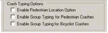 The Data Sources tab allows the user to enable or disable the pedestrian location option and group typing options for pedestrian and/or bicyclist crashes.