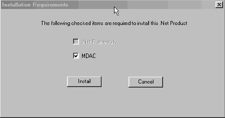 Installation screen appears to indicate that MDAC must be installed if correct version is not detected. Check MDAC and click install. 