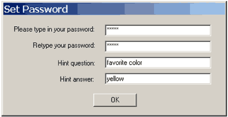 A click on Set Password opens a window to allow the user to enter a password and hint information.