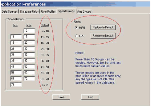 The Speed Groups tab allows the user to set values for speed groups used in analysis reports and choose the units of measurements, either mi/h or km/h.