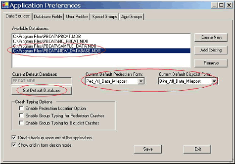 The Data Sources tab is also used to set the default database for data entry and choose the default data entry forms for pedestrian and bicyclist crashes