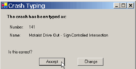 The crash is typed as a Motorist Drive-Out-Sign-Controlled Intersection crash; click Accept to have this value and the other crash typing data entered into the data entry form.