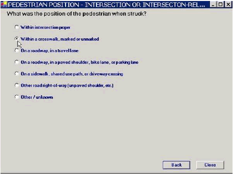 Click on within a crosswalk, marked or unmarked, in response to the position of the pedestrian when struck.