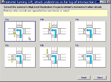 Click 11a to describe the pedestrian direction and location in combination with the maneuver of the motorist.