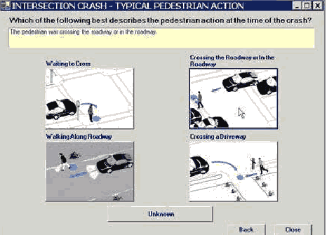 Click crossing the roadway or in the roadway to describe the typical pedestrian action in this crash.