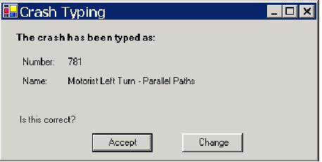 The crash is typed as a Motorist Left Turn–Parallel Paths crash; click Accept to have this value and the other crash typing data entered into the data entry form.