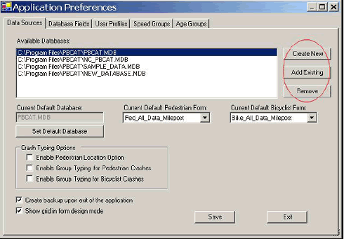 The Data Sources tab allows the user to create a new database, add an existing database, or remove a database