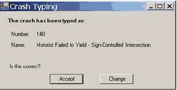 The crash is typed as a Motorist Failed to Yield-Sign-Controlled Intersection crash; click Accept to have this value and the other crash typing data entered into the data entry form.