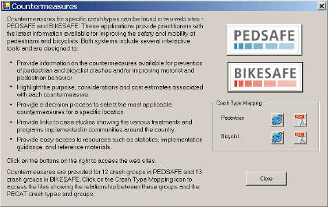 The Countermeasures window gives access to the passage and Bike safe Web sites, as well as mapping tables that show the relationship between the crash groups in those applications and the ones used in PBCAT.