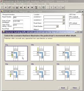 Figure 2. Location data. Screen capture. Screen shows fields for manual input such as date of crash, location, and G P S data. User also chooses from six scenarios that illustrate the pedestrian’s movement when struck in an intersection when the car is turning left.