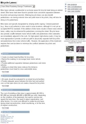 Figure 4. Countermeasure description. Screen capture. Each countermeasure has a page with a description of the treatment, its purpose, considerations, estimated cost, and links to case studies. The page is primarily descriptive text with drawings of intersection markings and photos of intersections that match the description.