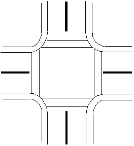 Figure 5. Illustration of Pedestrian Crossing. The illustration shows a generic intersection of two roads, Main Street and Cross Street. Cross Street runs north-south and Main Street runs west-east. Both streets have one travel lane in each direction. A box reading "Crossing of Interest" is pointing to the north-south crosswalk on the east side of the intersection. Therefore, the crossing of interest is the one perpendicular to the direction of travel on Main Street and parallel to the direction of travel on Cross Street.