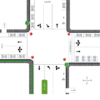 C. A bicyclist in the bike lane will need to cross one lane and enter one lane (total
		 of two) to make a left turn. The illustration shows the intersection of two two-lane roads, Agate and 15th. Agate runs north-south while 15th runs west-east. 
		 Agate has separate left-turn lanes in both directions. There is a bike lane on the west side of Agate. There are no specific bicycle facilities on 15th. The 
		 bicyclist in this example approaches the intersection along Agate from the north. The L-T-CROSS value for this picture is 2.
