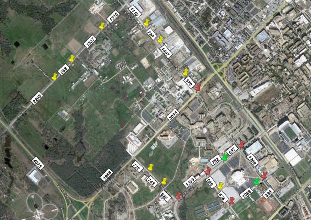 An aerial map shows the crosswalk sites used in the study. Locations on the map are marked by pins and labeled with the distances between the crosswalk sites. Yellow pushpins represent sites with markings newly installed. Red pushpins represent all-way stop-controlled, two-way stop-controlled, and signal-controlled intersections. Green pushpins represent sites with existing crosswalk markings.