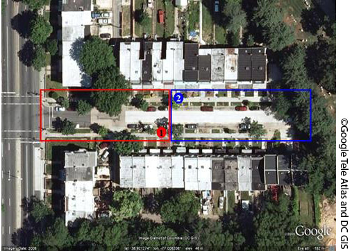 Figure 14. Photo. Playing/working in the roadway location data collection configuration. This photo shows an aerial view of a horizontally configured street. Houses line both sides of the street and have driveways that connect to the street. Sidewalks and trees also line the street. The areas of responsibility for two data collectors are sectioned by color. There is a red box with a red circle labeled 1 encompassing the left half of the street to indicate the area where the first data collector should observe. There is also a blue box with a blue circle labeled 2 encompassing the right half of the street to indicate the area where the second data collector should observe.