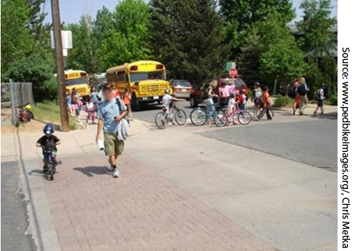 Figure 15. Photo. Example of a typical school crossing area. This photo shows a four-way intersection by a school. There are children walking/bicycling across the crosswalks with adult supervision. School buses and other motor vehicles are visible.
