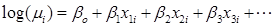 Figure 25. Equation. General log linear model. Log parenthesis mu subscript i end parenthesis equals beta subscript 0 plus beta subscript 1 times x subscript 1i plus beta subscript 2 times x subscript 2i plus beta subscript 3 times x subscript 3i plus and so forth.