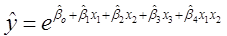 Figure 26. Equation. Predictive model. Circumflex y equals  Euler’s constant superscript circumflex beta subscript 0 plus circumflex beta subscript 1 times x subscript 1 plus circumflex beta subscript 2 times x subscript 2 plus circumflex beta subscript 3 times x subscript 3 plus circumflex beta subscript 4 times x subscript 1 times x subscript 2.