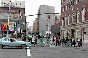 Figure 8 - Pedestrians causing substantail delay to an "unopposed" left turn in Portland, Oregon.