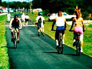 Photo of a mixed use bicycle path. Includes bicyclists, walkers and rollerbladers