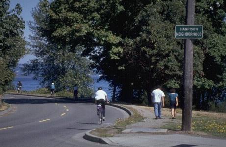 photo of a bicyclist on a roadway, pedestrians walking on a path