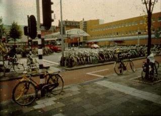 photo of bicycle racks in a busy area