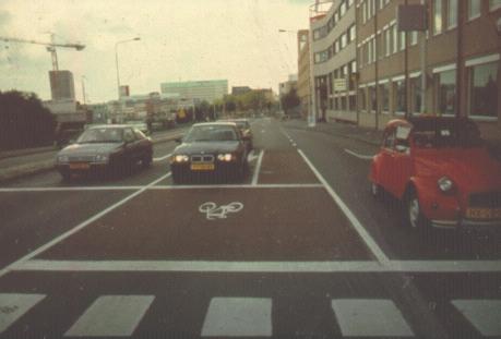 A bicycle box at a traffic signal in Groningen, Netherlands.