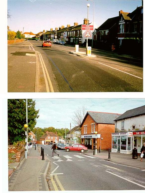 Figure 6. Examples of pedestrian facilities in the United Kingdom including zebra crossing, curb build-out, flat-top speed hump, and refuge island.