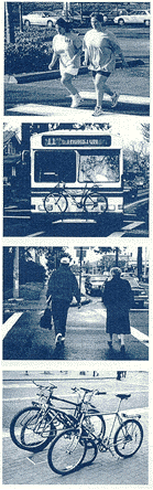 Photos of people running, a bus with a bike loaded on front, pedestrians and bicycles