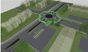 The image shows a computer–generated rendering of a mini–roundabout. Four roads converge into a mini–roundabout. The image also shows computer–generated renderings of houses and trees, indicating that the mini–roundabout is situated in a neighborhood.