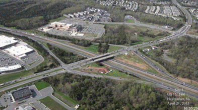 An aerial photo of the old interchange before the construction of the diverging diamond interchange.