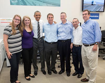 President Obama poses in the Saxton Laboratory with members of the Operations R&D Team.