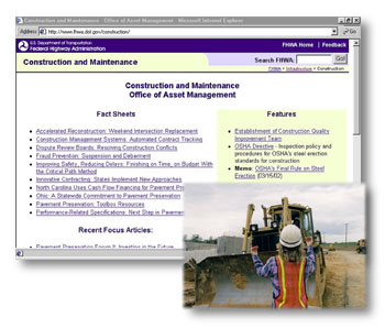 Screenshot of Construction and Maintenance website and photo of construction worker at work