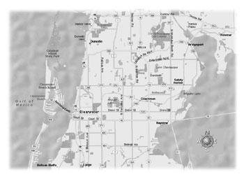 Map of Memorial Causeway connecting Clearwater Beach with Clearwater on the mainland