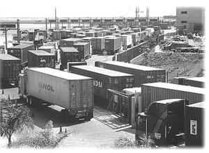 Trucks waiting at freight terminal