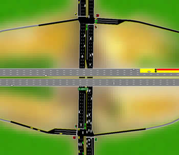 One output from the CORSIM software-often used for public presentations-is an animation sequence that enables users to see what the highway system looks like in operation. During the course, participants learn how to generate, view, and interpret the animations. This snapshot from a sequence shows a diamond interchange with signals at the ramps.