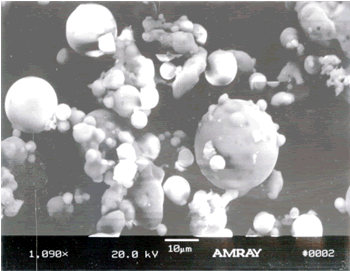 Scanning electron microscope image of Class C fly ash. Spherical particles are the glassy reactive component