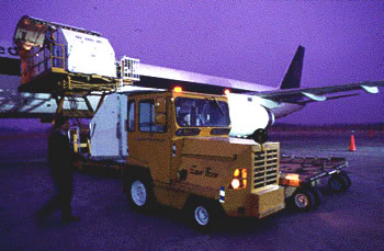 Workers load a plane with cargo.