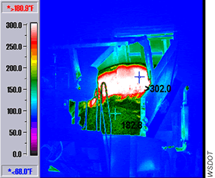 The thermal image above shows temperature differences in asphalt being delivered to the paver. WSDOT