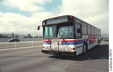 Light emitting diodes are used to warn bus drivers of collision hazards at the front of the bus. California PATH 