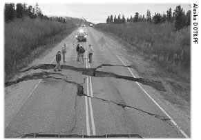 Engineer stand on earthquake-damaged section of Richardson Highway, Alaska DOT&PF